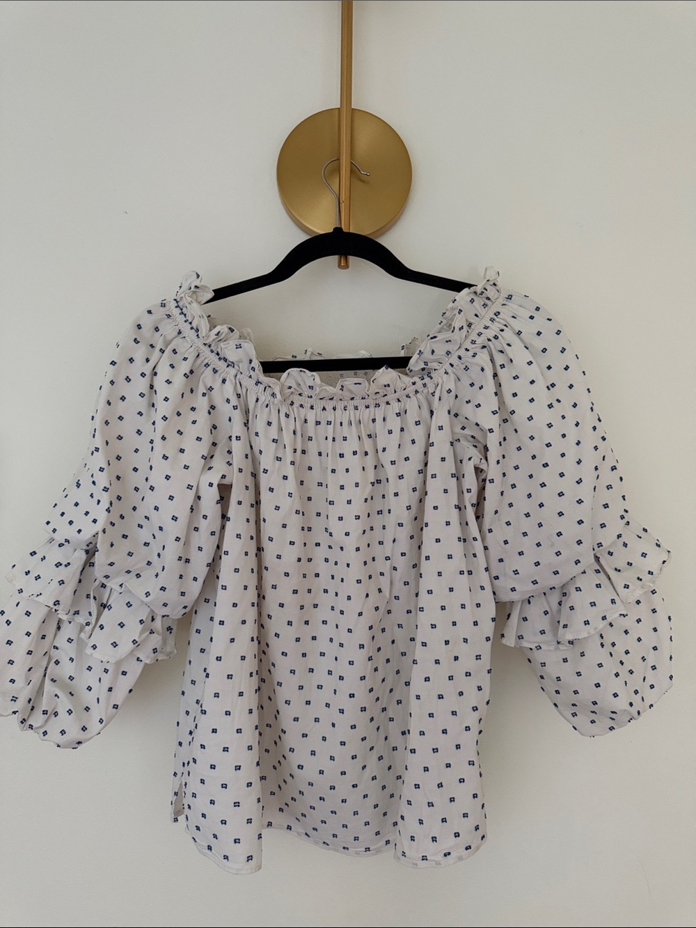 White Off-Shoulder Blouse with Navy Square Print